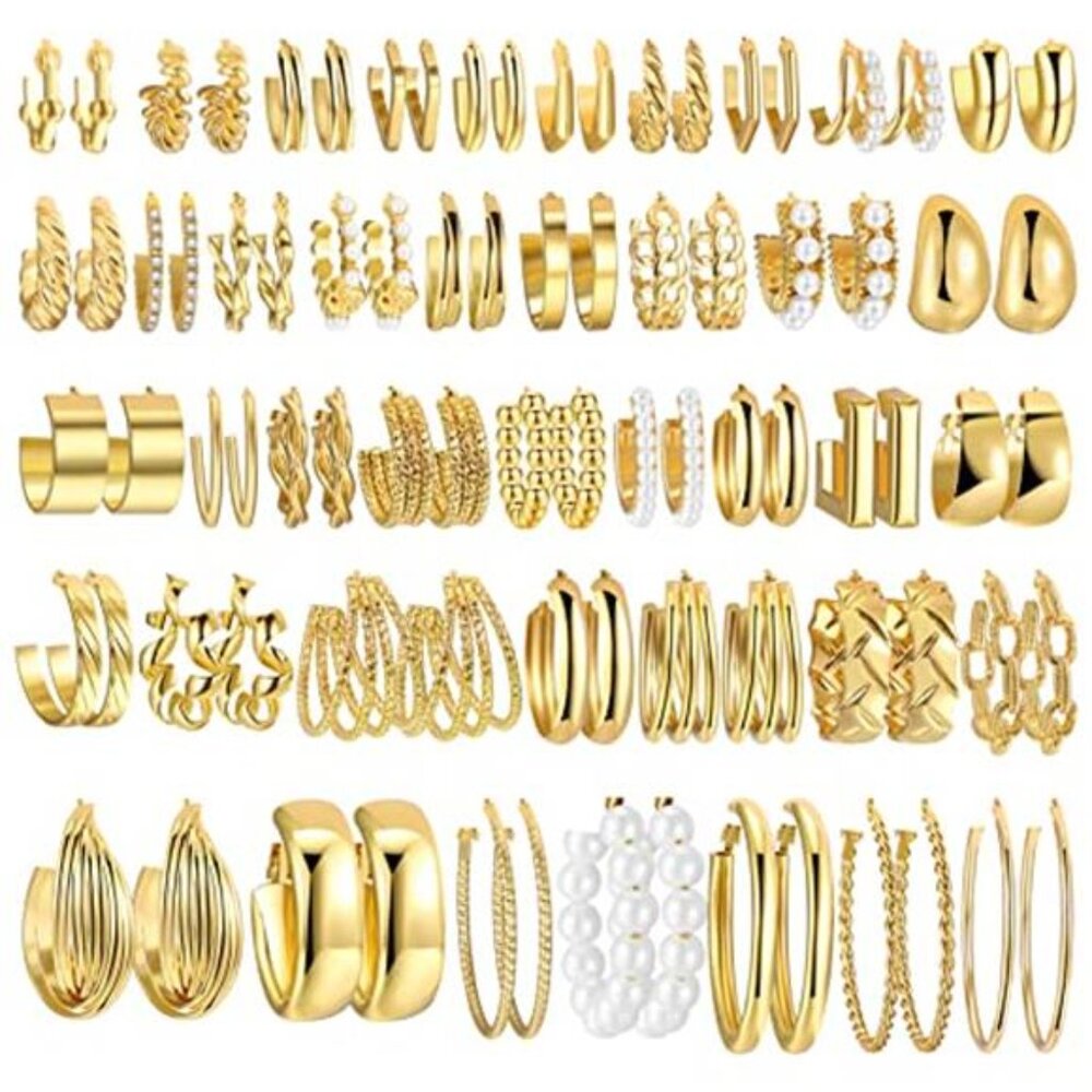 42 Pair Gold Hoop Earrings Set Pearl CZ Chunky Small Large